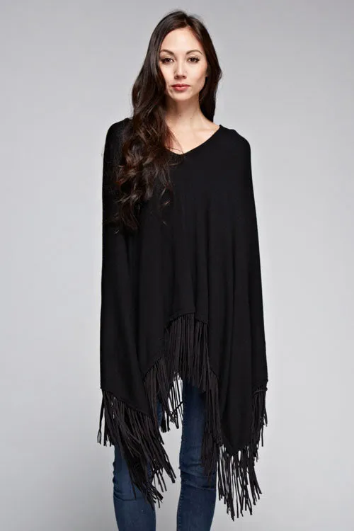 Western V Neck Suede Fringe Poncho