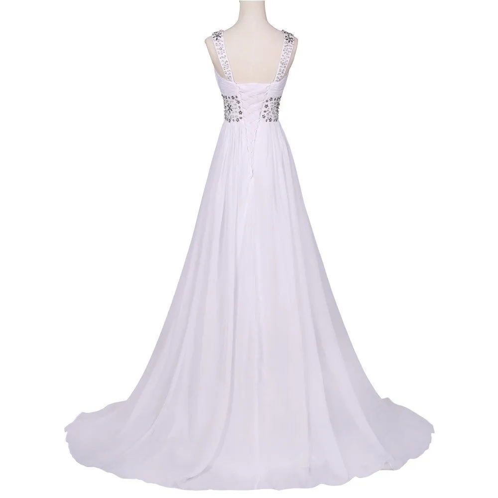 White Chiffon Beach Wedding prom party dress at Bling Brides Bouquet On line Bridal Store