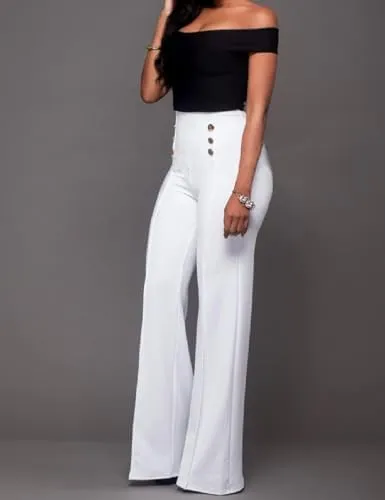 White Sailor Chic Gold Button Bootcut Pants