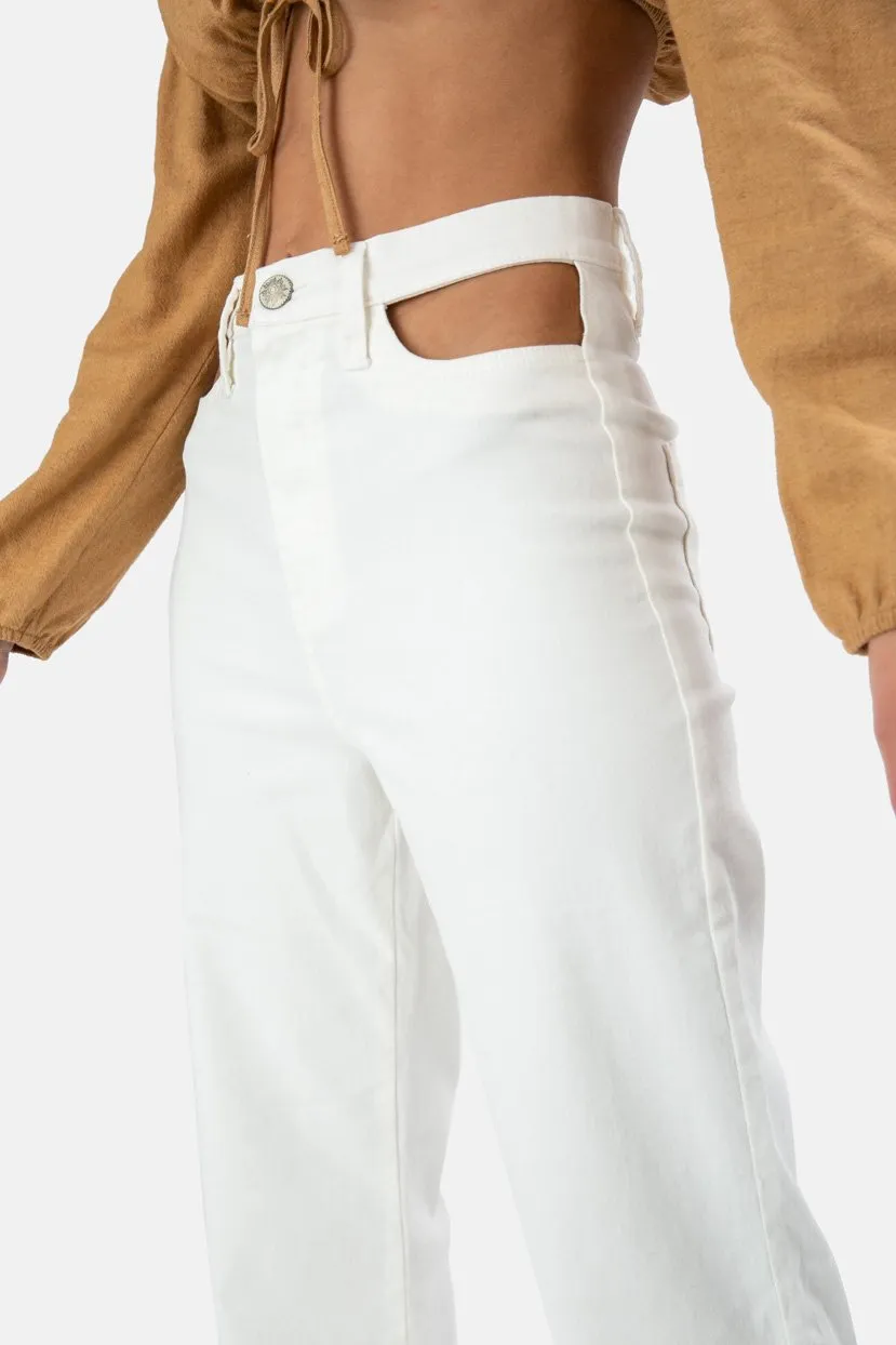 White Waist Cut Out Flare Jeans