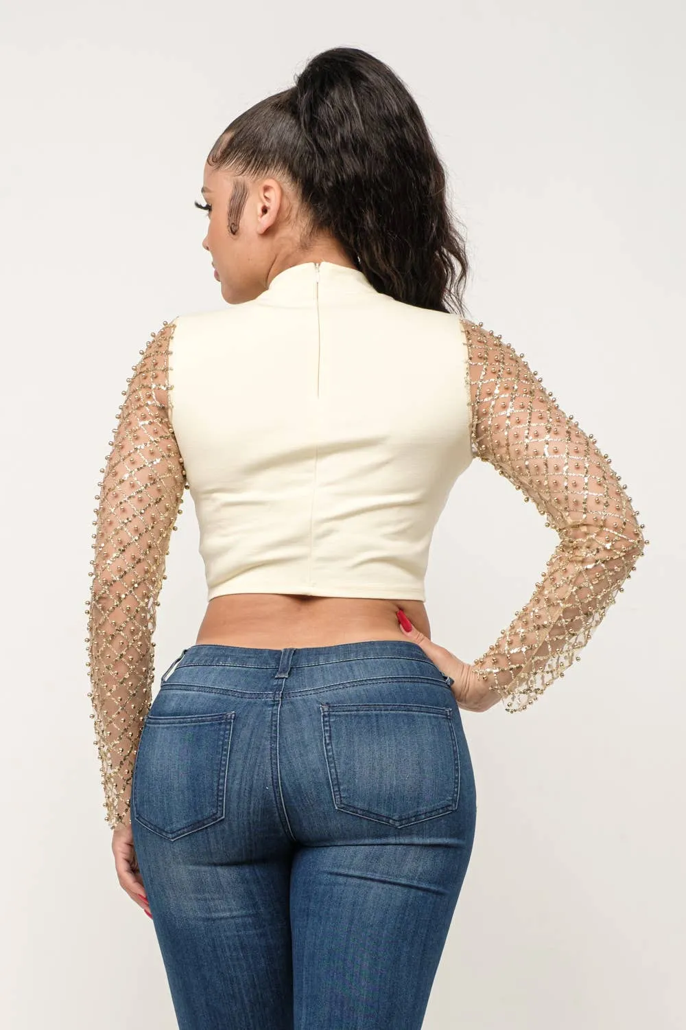 White/Gold Mockneck Sequin/Pearl Sleeved Crop Top