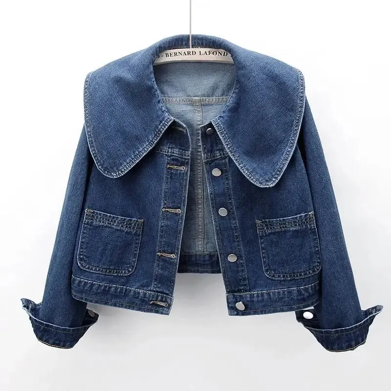 Women Cropped Denim Jacket with Peter Pan Collar