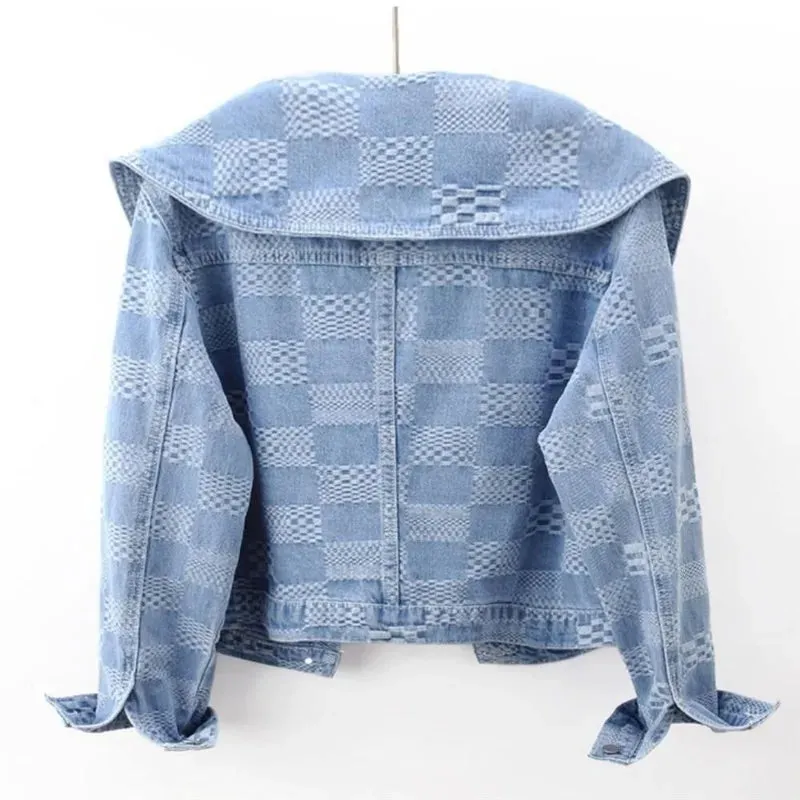 Women Cropped Denim Jacket with Peter Pan Collar