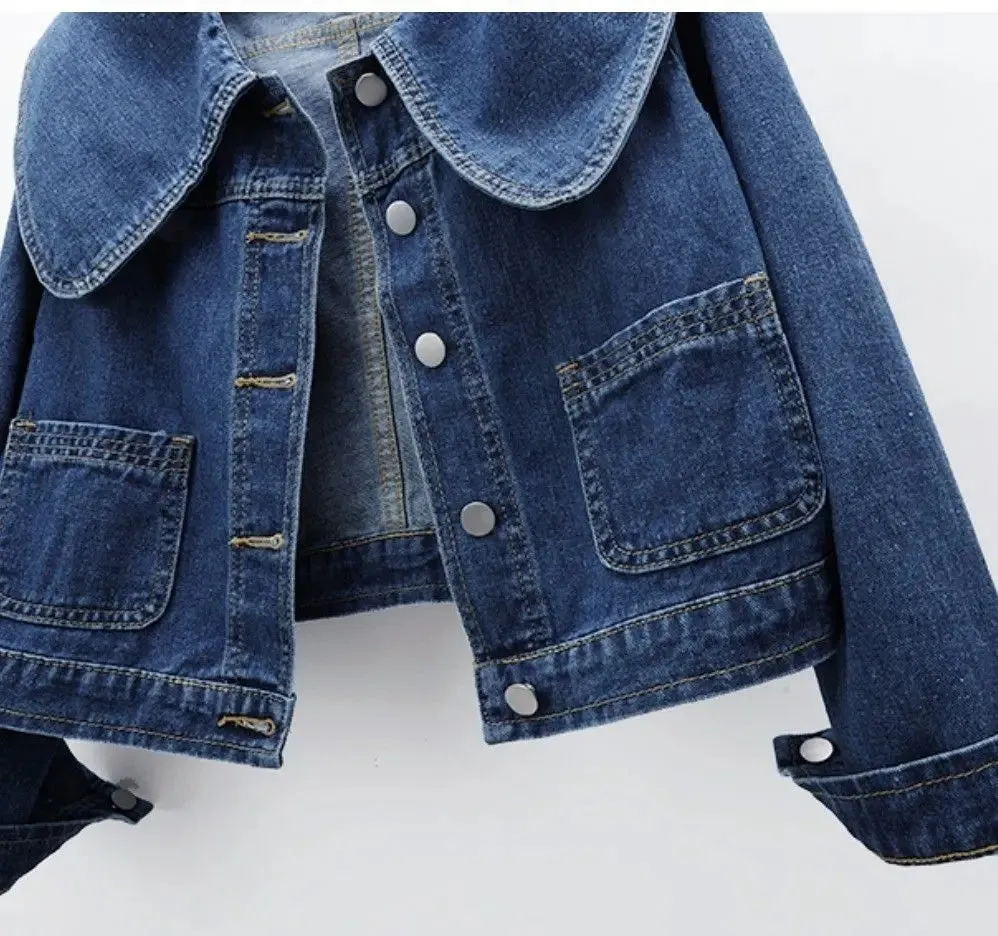 Women Cropped Denim Jacket with Peter Pan Collar