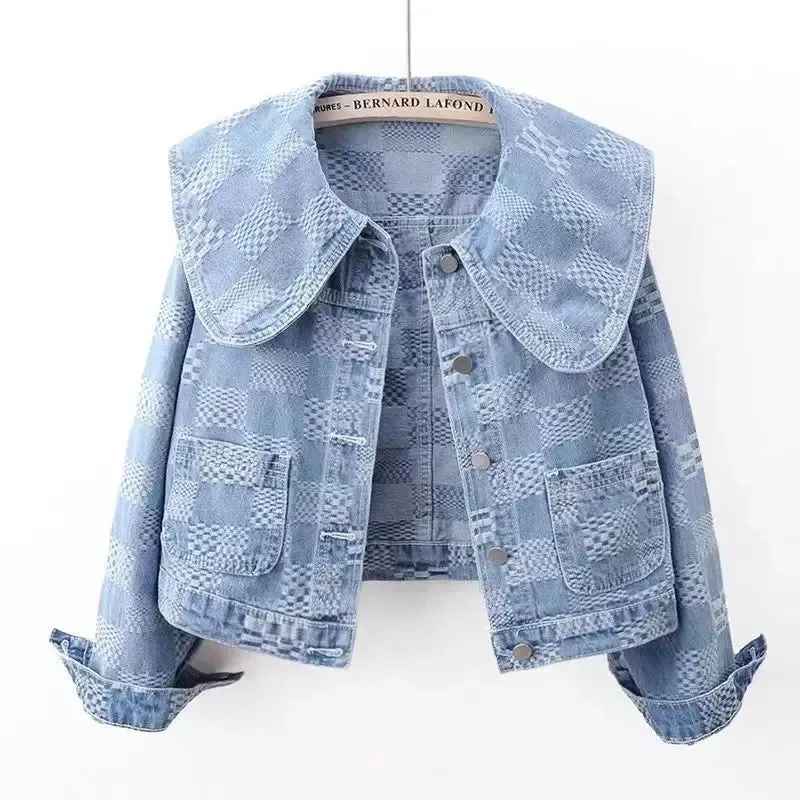 Women Cropped Denim Jacket with Peter Pan Collar