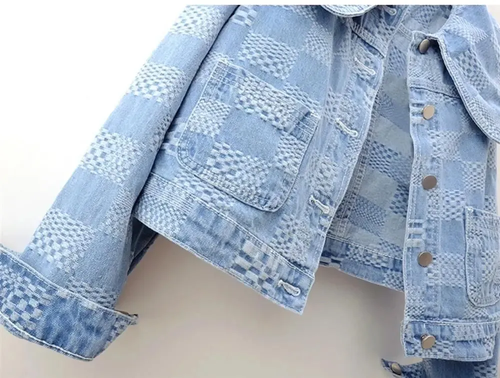 Women Cropped Denim Jacket with Peter Pan Collar