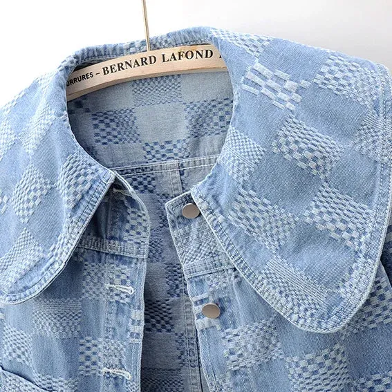 Women Cropped Denim Jacket with Peter Pan Collar