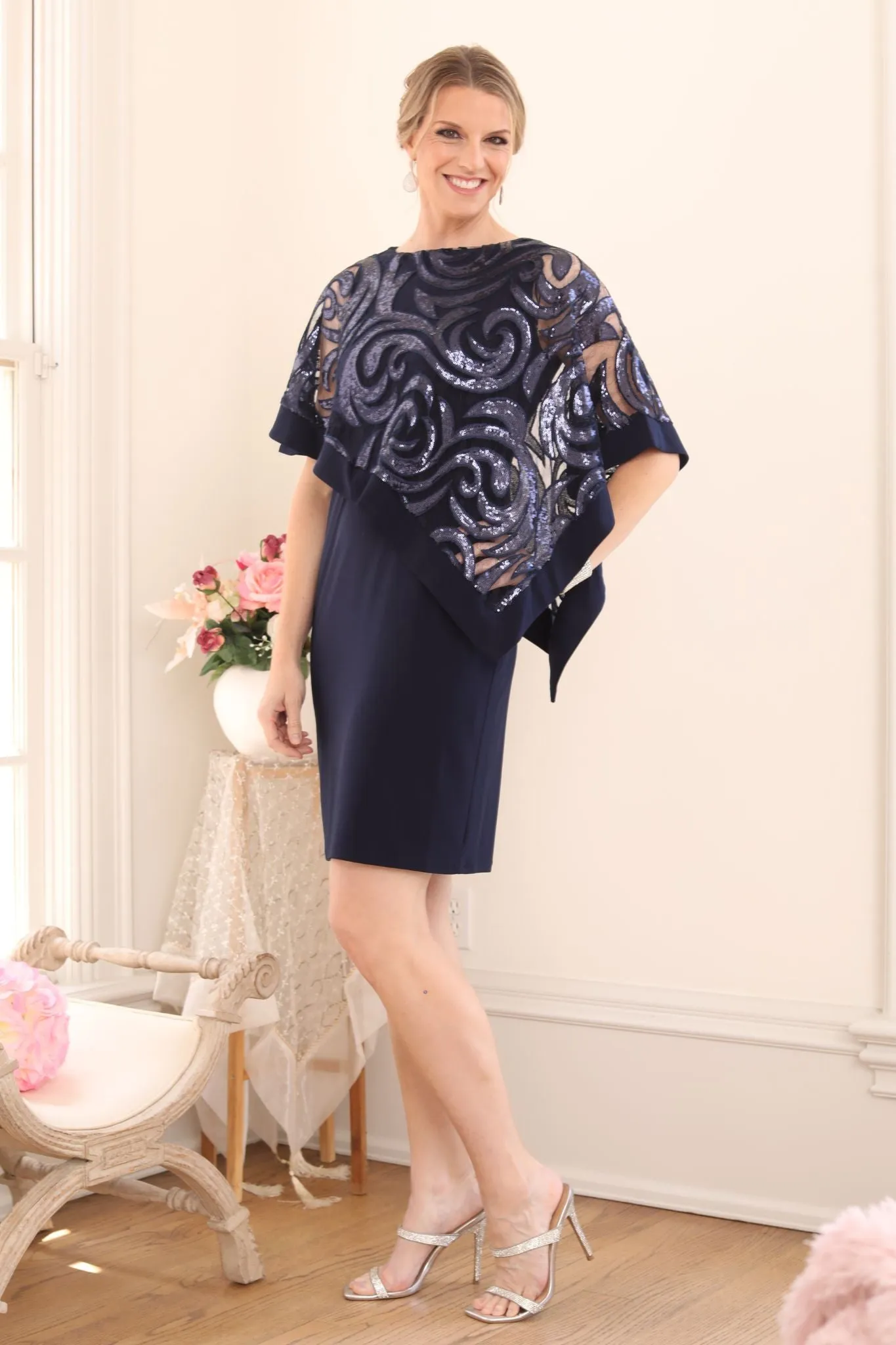 Women Two-Piece  Stunning Sequin Swirl Poncho Dress