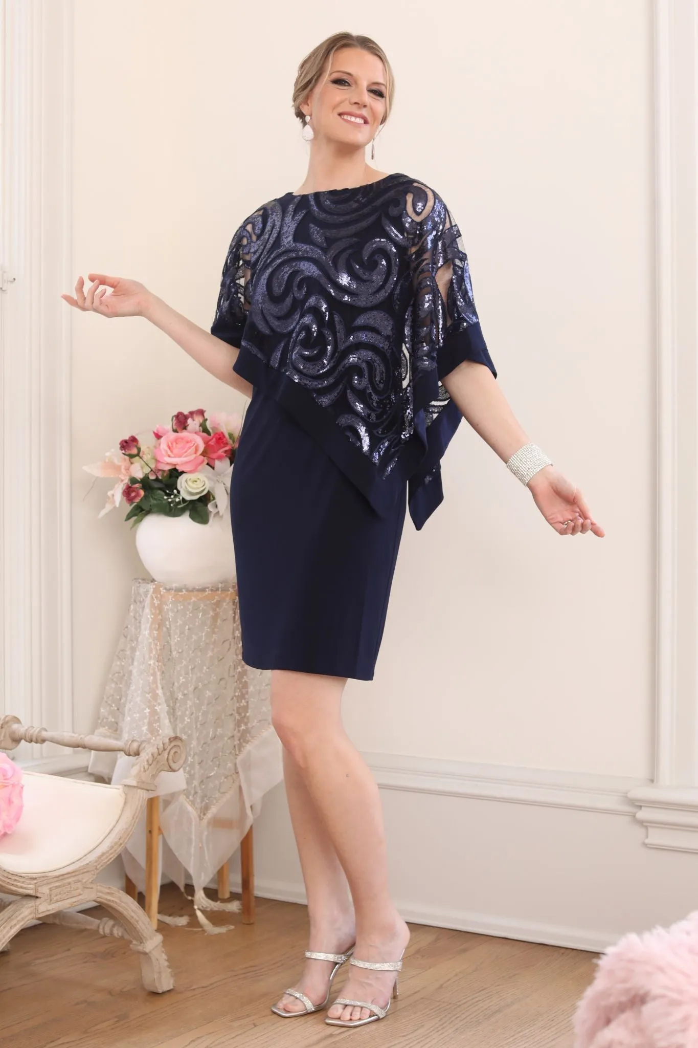 Women Two-Piece  Stunning Sequin Swirl Poncho Dress