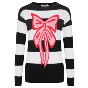 Women's black striped bow Christmas sweater