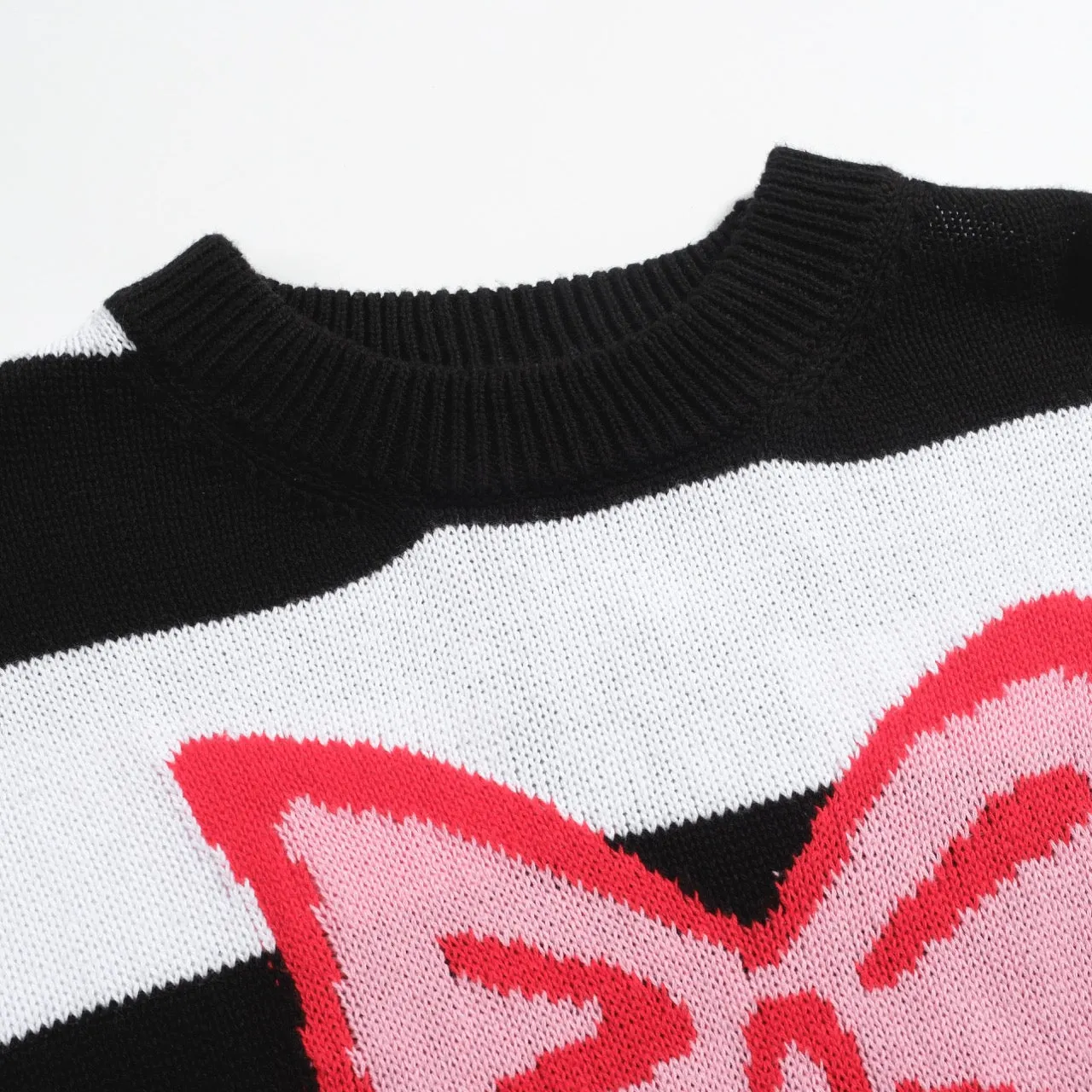 Women's black striped bow Christmas sweater