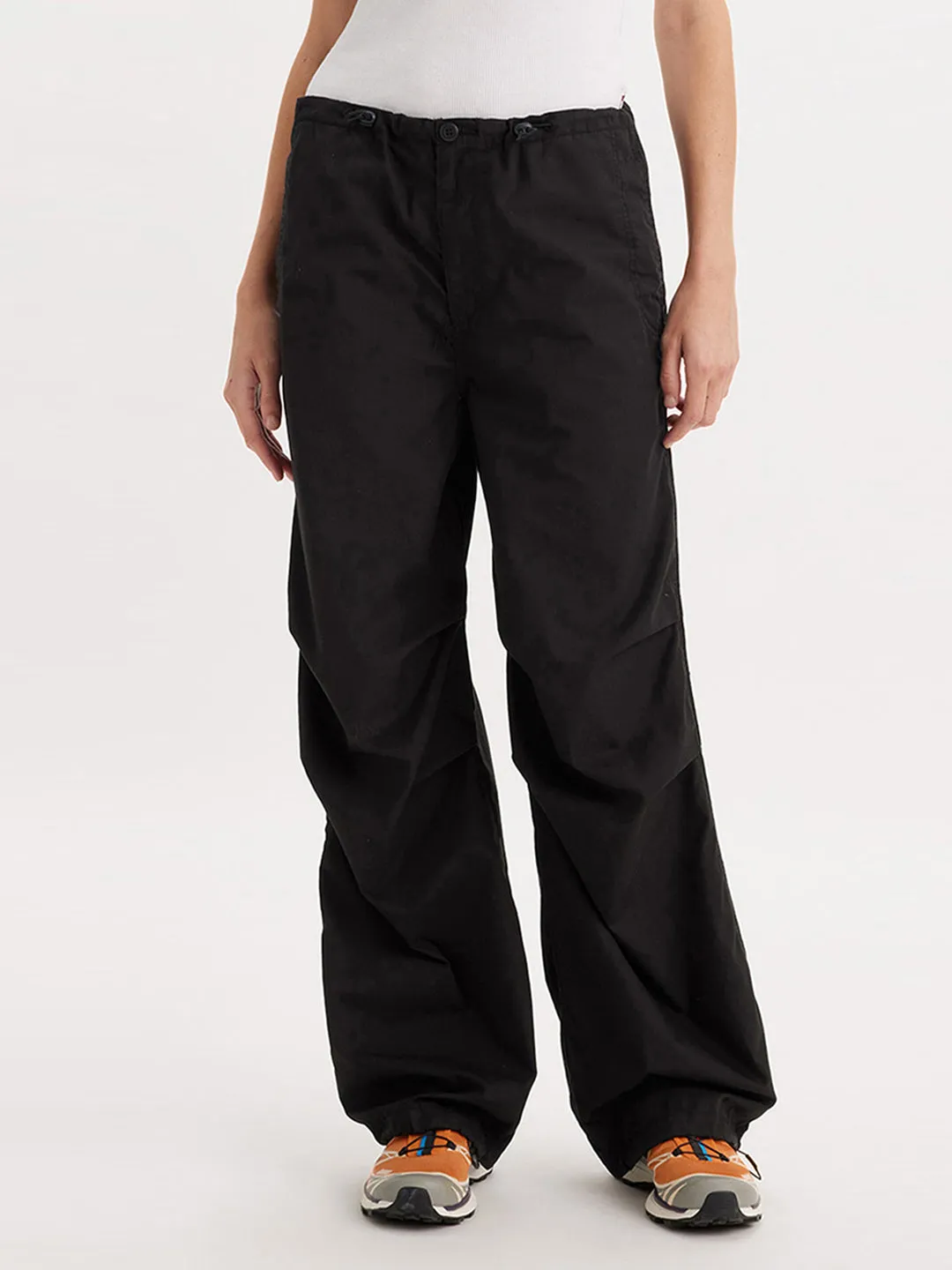 Women's Mid Rise Black Baggy Fit Cargo Trousers