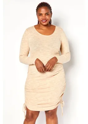 Women's Side Ruched Knit Dress,Beige