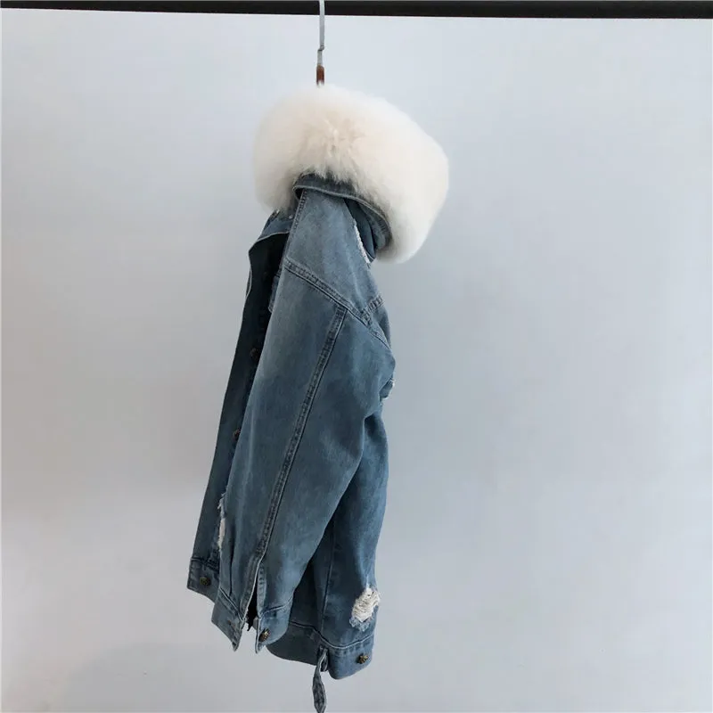 Women's Winter Casual Thick Denim Parka With Fox Fur