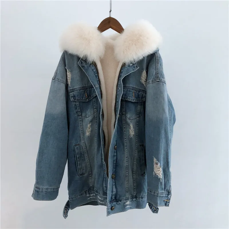 Women's Winter Casual Thick Denim Parka With Fox Fur