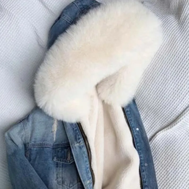 Women's Winter Casual Thick Denim Parka With Fox Fur