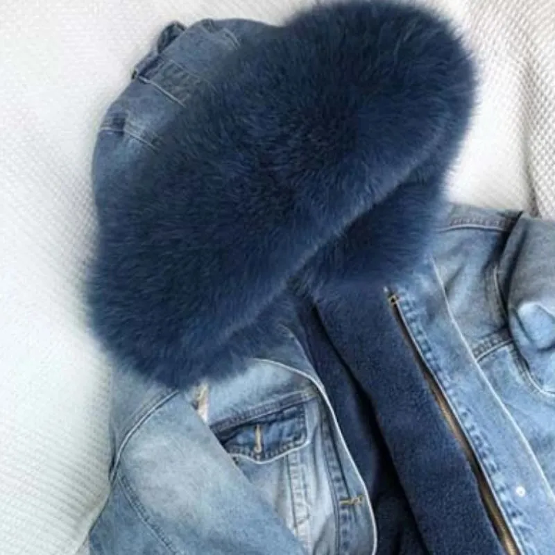 Women's Winter Casual Thick Denim Parka With Fox Fur