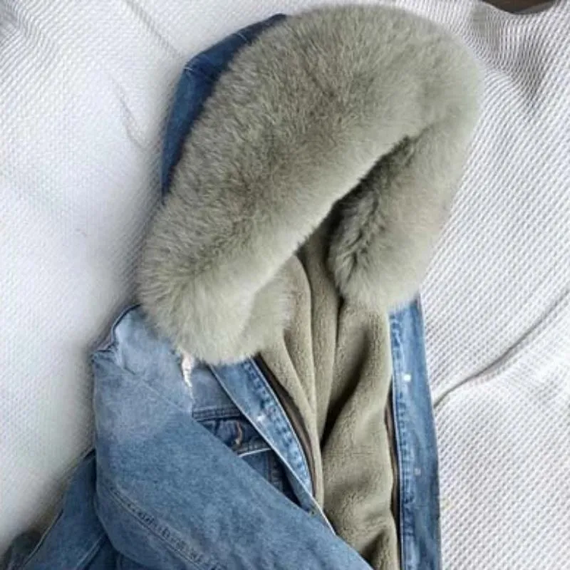 Women's Winter Casual Thick Denim Parka With Fox Fur