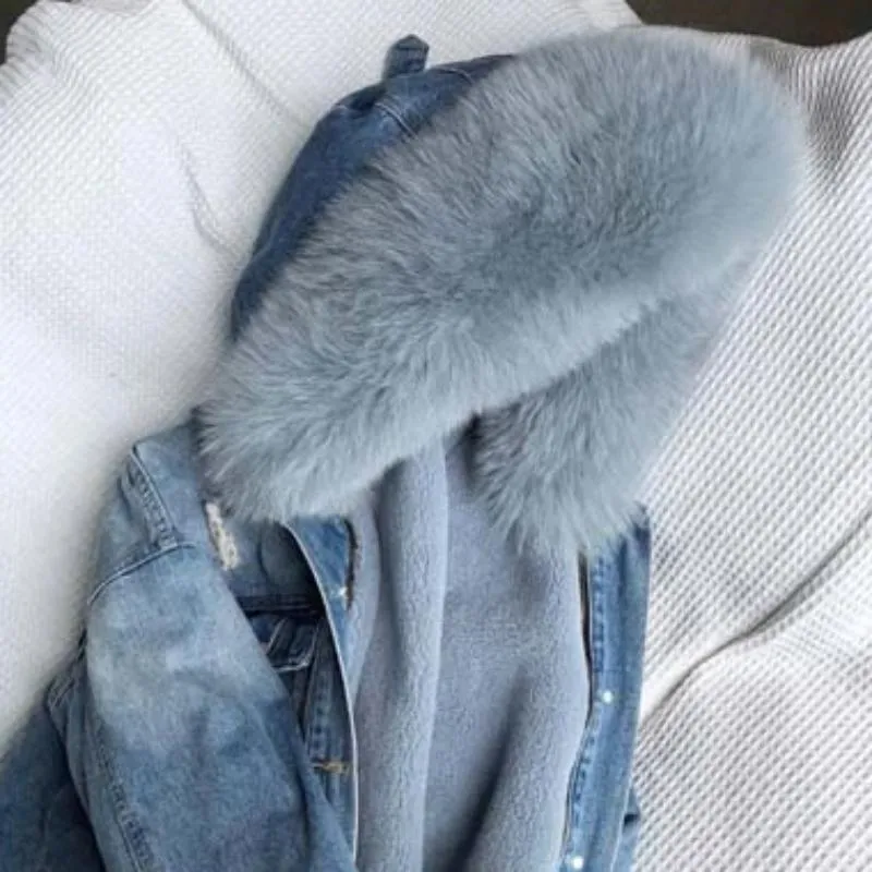 Women's Winter Casual Thick Denim Parka With Fox Fur