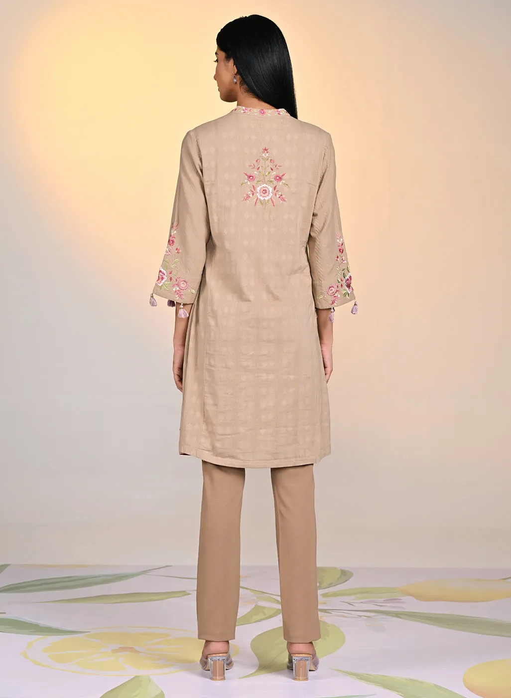 Zaheen Beige Embroidered Cotton Jacquard Tunic for Women