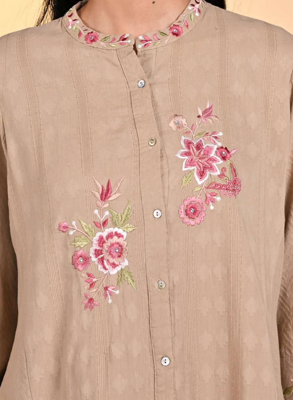 Zaheen Beige Embroidered Cotton Jacquard Tunic for Women