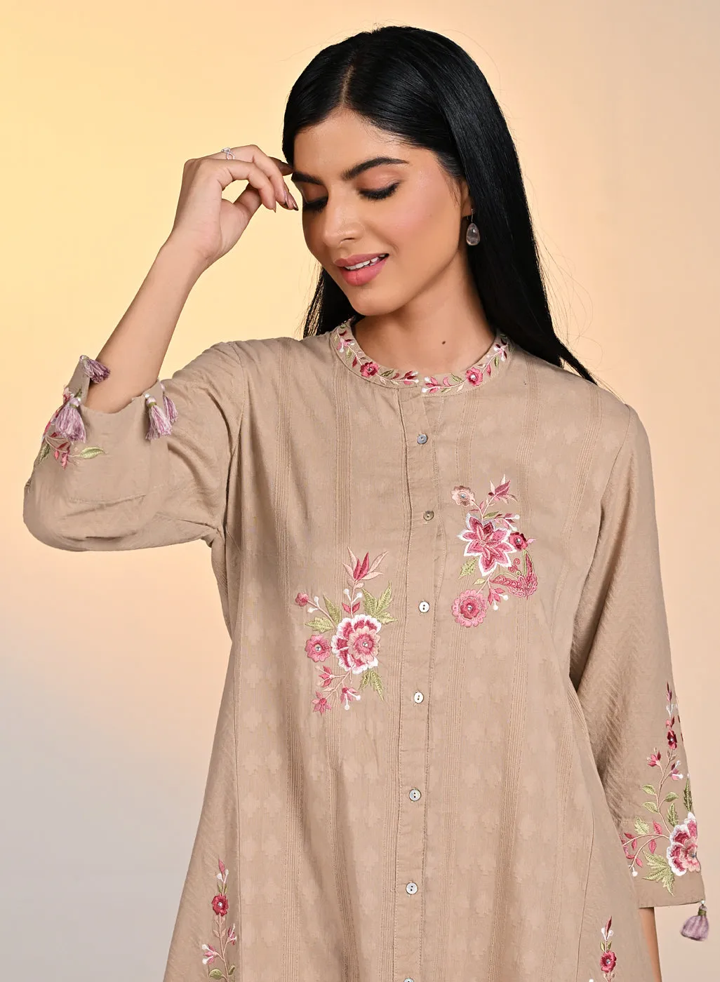 Zaheen Beige Embroidered Cotton Jacquard Tunic for Women