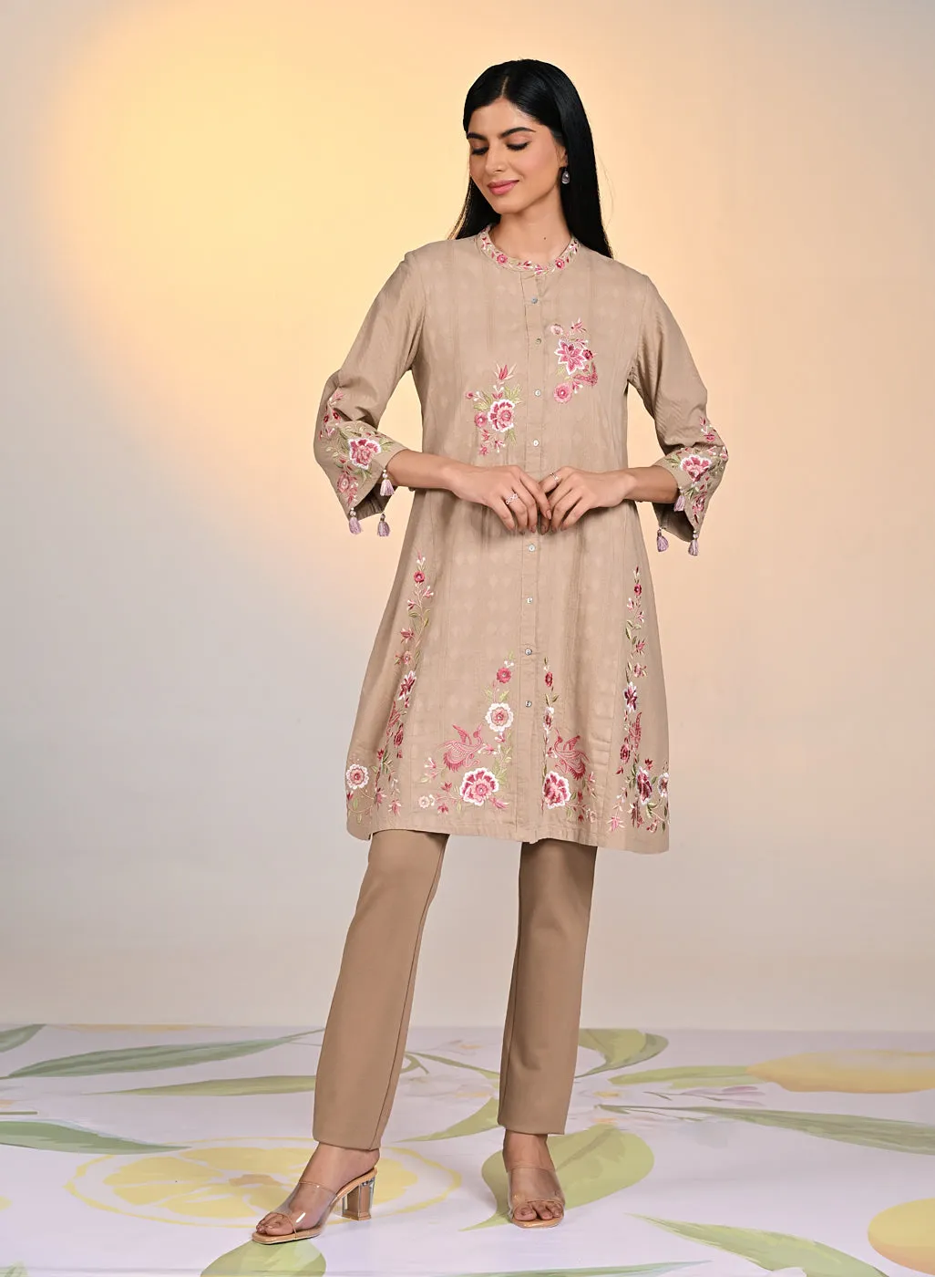 Zaheen Beige Embroidered Cotton Jacquard Tunic for Women