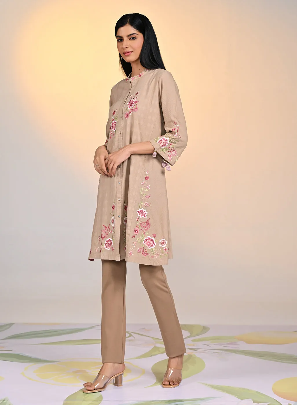 Zaheen Beige Embroidered Cotton Jacquard Tunic for Women